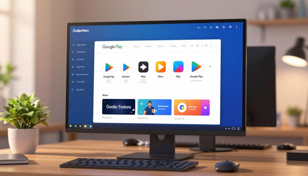 A detailed digital representation of the Google Play Store interface displayed within MuMu Player on a sleek Windows PC desktop. In the foreground, clearly show the user interface with vibrant icons of popular applications and distinct sections of the Google Play Store. The middle ground features a stylized PC setup with a monitor, keyboard, and mouse, capturing the essence of a modern workspace. In the background, stylized elements of a cozy office environment, such as a potted plant and a softly lit desk lamp, create a warm atmosphere. The lighting is soft and inviting, suggesting a late afternoon glow, with a slight bokeh effect around the edges to focus on the screen. Convey an inspiring and productive mood, ideal for guiding users through the installation process.