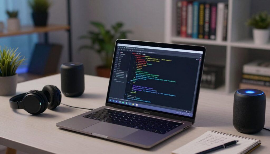 A detailed digital workspace scene showcasing the configuration of an M3U playlist for IP television. In the foreground, a sleek laptop with an open terminal window displaying coding snippets and a playlist configuration file. Surrounding the laptop, various tech gadgets like headphones, a smart speaker, and a notepad with handwritten notes. In the middle ground, a well-organized desk with soft ambient lighting illuminating the workspace, creating a focused atmosphere. In the background, a modern room with bookshelves filled with programming literature and a potted plant, contributing to a calm, tech-savvy environment. The angle is slightly from above, emphasizing the technology in use while keeping the scene inviting and professional.