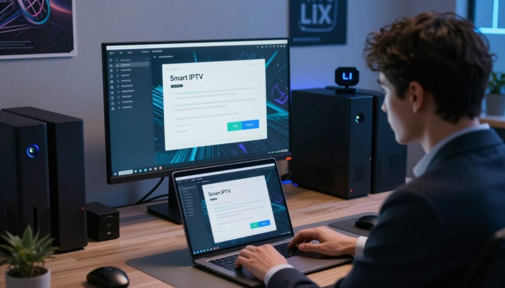 A detailed digital workspace scene showcasing the installation process of Smart IPTV on a Linux system. In the foreground, a focused individual in professional business attire is intently working at a modern laptop displaying the Smart IPTV installation interface. In the middle ground, a large monitor shows a step-by-step tutorial with clear instructions and visually appealing graphics related to Linux. The background features a contemporary office setup with tech gadgets and Linux-themed posters, creating a tech-savvy atmosphere. Soft, diffused lighting casts a calm mood over the workspace, while the angle captures the installation process from a slightly elevated perspective, emphasizing the technological focus of the scene.