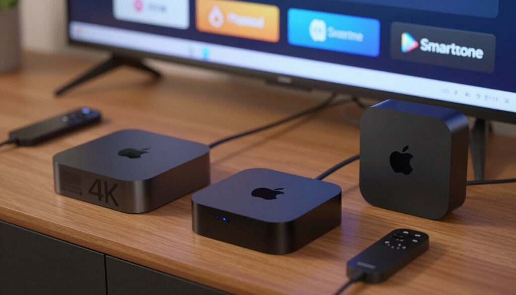 A detailed flat lay composition showcasing various compatible models of Apple TV, arranged on a sleek, modern wooden surface. In the foreground, place an Apple TV 4K model alongside an Apple TV HD, highlighting their distinct features with close-up angles that emphasize the design and ports. In the middle ground, include subtle hints of accessories like the Siri remote and power cables, elegantly placed to complement the Apple TV units. The background features a blurred TV screen displaying the Smartone app interface, casting a soft glow that enhances the scene. Use warm lighting to create an inviting and informative atmosphere, ensuring clarity and focus on the devices themselves. The overall mood should be professional and tech-savvy, reflecting a modern home entertainment setup.