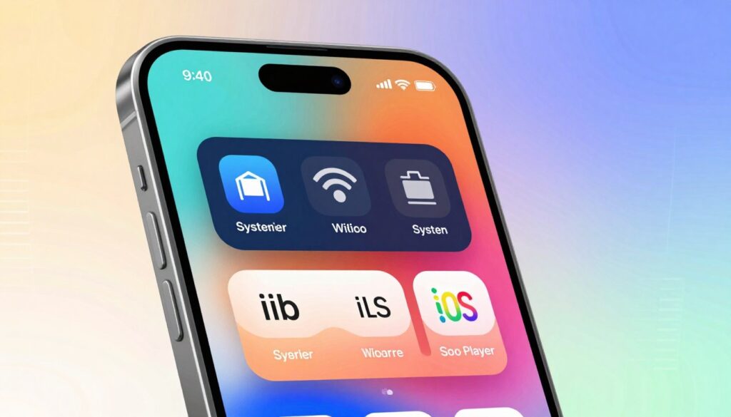 A detailed illustration of an iOS device, such as an iPhone or iPad, displaying the iBo player application interface, prominently positioned in the foreground. The device should be sleek and modern, showing vibrant colors that highlight the app's features. In the middle, include symbols or icons representing system requirements like storage capacity, network compatibility (Wi-Fi and data), and an iOS version badge, arranged in a visually appealing layout. The background should feature a soft gradient that suggests a tech-savvy environment, with abstract shapes or digital patterns that evoke a sense of innovation. Use bright, inviting lighting that creates an energetic and professional mood, captured at a slight angle to give depth to the scene.