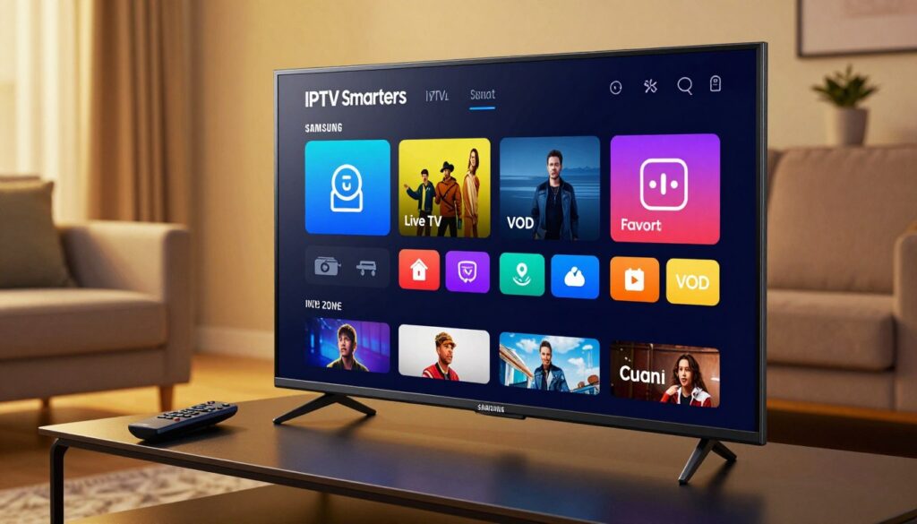 A detailed illustration of the IPTV Smarters app interface displayed on a Samsung Smart TV screen. The foreground features the sleek, modern design of the Smart TV, with vibrant icons and a user-friendly navigation menu visible on the screen, showcasing channels and features like 'Live TV', 'VOD', and 'Favorites'. In the middle, a remote control lies on a stylish coffee table, indicating user engagement. The background includes a cozy living room setting, softly lit with warm yellow lighting to create a welcoming atmosphere. The angle is slightly tilted to capture both the TV and the comfortable seating arrangement, emphasizing a modern yet inviting home entertainment space. Aim for a clean and organized composition that highlights the app's functionality and ease of use.