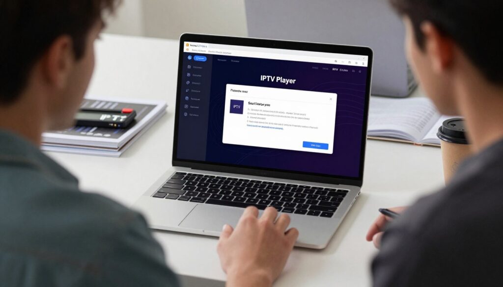 A detailed illustration of the IPTV player installation process on a Linux system, showcasing a sleek modern workspace. In the foreground, a focused individual in smart casual attire is sitting at a desk, intently examining a laptop screen displaying installation progress. The middle layer features the laptop with a visible user interface displaying the IPTV player software alongside various installation prompts. In the background, there are tools and manuals related to software installation subtly arranged, suggesting a tech-savvy environment. Soft, natural lighting enhances the clarity of the scene, creating a productive atmosphere. The perspective is slightly angled to capture both the user and the laptop screen effectively, emphasizing the installation process.
