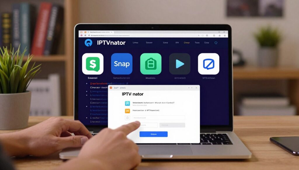 A detailed illustration of the installation process for IPTVnator on a Linux system, featuring a laptop displaying the IPTVnator interface on the screen. In the foreground, show a pair of hands navigating the installation process using a terminal window. In the middle ground, depict various icons and logos representing Snap and other installation methods arranged aesthetically. The background should have a soft-focused tech workspace with a bookshelf filled with programming books, a potted plant, and ambient lighting enhancing the atmosphere of productivity and innovation. The image should convey a clear, educational tone with warm, inviting colors and a professional setup.