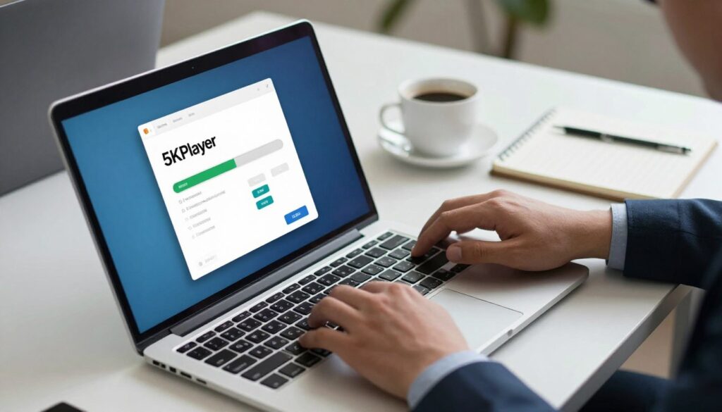 A detailed image depicting the installation process of 5KPlayer on a Windows PC. The foreground features a sleek, modern laptop with the 5KPlayer installation screen clearly displayed, showing a progress bar and installation options. In the middle, there are hands in business attire using the laptop, typing and clicking through the setup. The background showcases a well-organized workspace with a desk, a cup of coffee, and a notepad with notes about the installation steps. Soft, natural lighting illuminates the scene, creating a calm and focused atmosphere. The angle is slightly elevated to capture both the laptop screen and the user. The overall mood is professional and informative, ideal for a guiding tutorial.