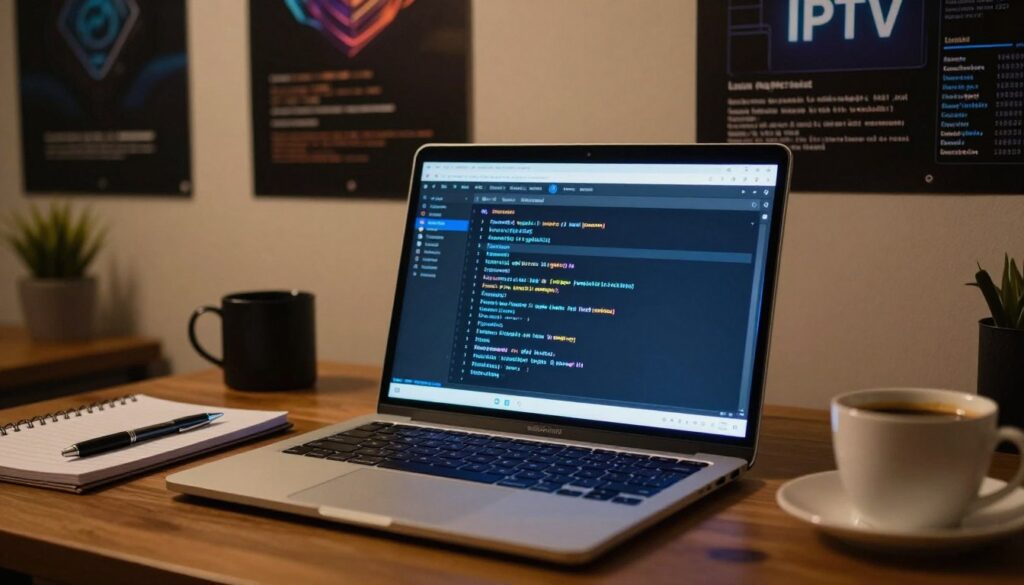 A detailed scene depicting the configuration of an M3U playlist on a Linux system. In the foreground, a sleek laptop shows a terminal with an M3U playlist file open, illuminated by a soft blue light from the screen. Surrounding the laptop are organizational tools such as a notepad, a pen, and a cup of coffee, adding a touch of a cozy workspace. In the middle ground, the background features a wall of tech posters illustrating Linux commands and IPTV graphics. The lighting is warm and inviting, with a focus on the laptop’s screen, capturing the technical atmosphere of a dedicated tech enthusiast's home office. The angle is slightly tilted to convey a sense of action and focus on the screen contents. The mood is productive and innovative, highlighting a modern approach to IPTV setup.