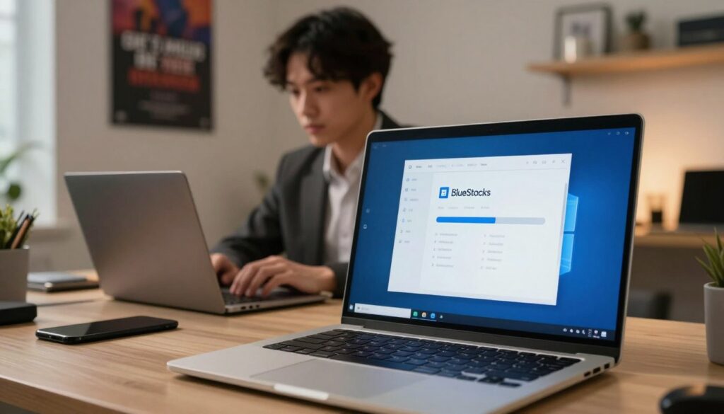 A detailed scene depicting the installation process of BlueStacks on a Windows PC. In the foreground, show a laptop with the BlueStacks installation screen prominently displayed, showcasing the progress bar and user-friendly interface. An open software menu can be faintly visible, emphasizing the installation steps. In the middle ground, include a person in professional business attire, focused on the laptop, with an expression of determination. The background features a modern home office setting with light tones, neatly arranged desk items, and a motivational poster on the wall. Use soft, ambient lighting to create a warm, productive atmosphere. The angle should be slightly tilted to give a dynamic perspective, emphasizing the task at hand.