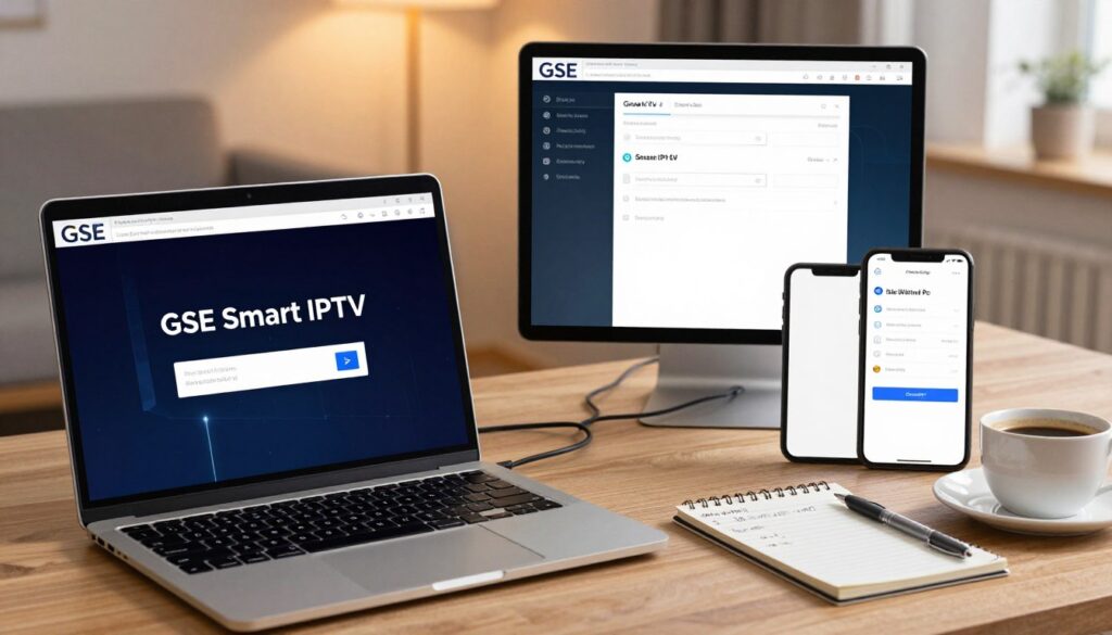 A detailed step-by-step installation guide for GSE Smart IPTV on a Windows PC. In the foreground, display a sleek, modern laptop screen showcasing the GSE Smart IPTV interface. Next to it, incorporate tablet and smartphone screens displaying various setup steps, such as navigating menu options and inputting login credentials. The middle ground should feature a tidy workspace, complete with neatly organized cables, a notepad with handwritten notes, and a cup of coffee. In the background, a softly lit room with warm tones enhances focus, giving a sense of calm professionalism. Use a slight depth of field to draw attention to the screens while keeping the workspace softly in focus. The overall atmosphere should be encouraging and informative, inspiring confidence in the installation process.