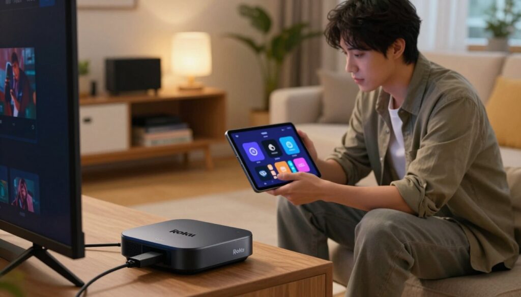 A detailed step-by-step installation guide for Roku IPTV, presented visually. In the foreground, display a close-up of a Roku device connected to a TV, cables neatly arranged. The middle ground features a user, a young adult in smart casual attire, focused on a tablet displaying the installation steps. In the background, a cozy living room with soft lighting, emphasizing a comfortable atmosphere. A shelf with various streaming devices and books adds a tech-savvy touch. The overall ambiance is warm and inviting, creating a sense of ease and approachability, making the installation process feel simple and straightforward without any distractions or clutter.