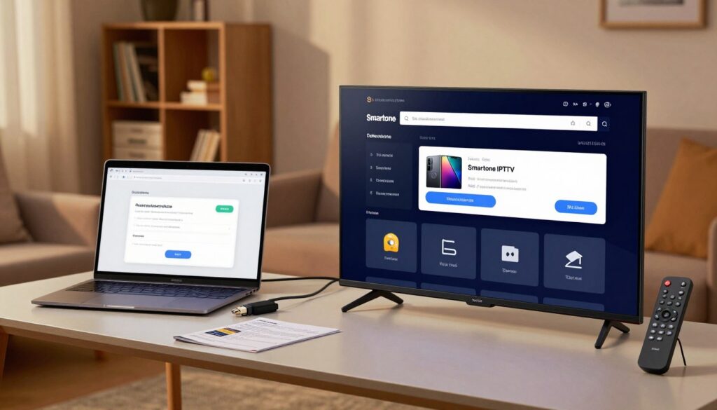 A detailed step-by-step installation guide for Smartone IPTV on a Smart TV. In the foreground, a neatly organized workspace shows a modern Smart TV displaying the Smartone interface, with a remote control beside it. In the middle ground, there's a laptop on a table with an open webpage showing installation steps, alongside cables, connectors, and a small instruction manual. The background features a cozy living room setting with soft ambient lighting, highlighting a bookshelf and a comfortable couch, creating a warm and inviting atmosphere. The scene captures a sense of focus and professionalism, with no people present, emphasizing clarity in the installation process. The lighting is soft and warm, enhancing the welcoming environment, designed to guide users through the installation smoothly.