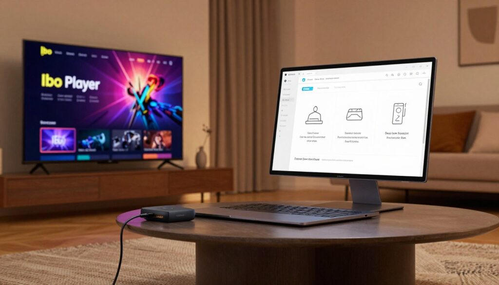 A detailed, step-by-step installation guide for the Ibo Player on a Firestick, set in a modern living room. In the foreground, a sleek television displays the Ibo Player interface with vibrant colors, while a Firestick is plugged into the HDMI port. In the middle ground, a professional-looking laptop sits on a stylish coffee table, with a close-up view of an instructional website showing outlines for each installation step. The room is warmly lit with soft ambient lighting, and a comfortable sofa is visible in the background. The atmosphere is inviting and focused, encouraging a seamless tech installation experience, with warm, earthy tones dominating the scene, creating a calm yet engaging mood.