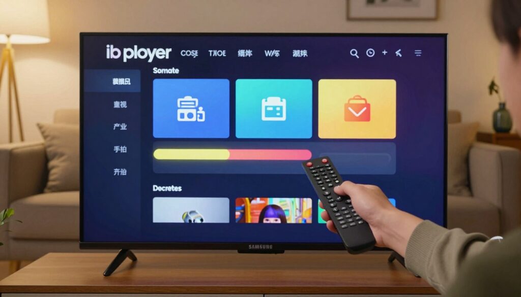 A detailed step-by-step installation guide for the iboplayer on a Samsung Smart TV. In the foreground, showcase a modern Samsung Smart TV with a clear display of the iboplayer installation interface, including vibrant icons and progress bars. In the middle ground, place a hand using a remote control, navigating the interface, dressed in smart casual attire. The background features a cozy living room setting with soft ambient lighting, showcasing a contemporary couch and decorative elements, creating a warm atmosphere. The image should utilize soft focus to emphasize the TV and the hand, capturing the essence of a guided installation process. The overall mood is informative and encouraging, aiming to inspire confidence in users learning to install the iboplayer.