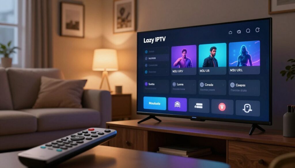 A detailed view of a smart TV displaying the Lazy IPTV application interface on the screen, featuring a menu with options for M3U URL configuration, glowing softly in a cozy living room setting. In the foreground, there's a sleek remote control, partially visible, reflecting soft lighting from a nearby lamp. The middle ground showcases a comfortable sofa with plush cushions, perfect for relaxation. The background reveals a homey ambiance, with warm tones, framed pictures on the walls, and a soft glow from a window suggesting evening light. The atmosphere is inviting and tech-savvy, with an emphasis on ease of use and accessibility in setting up IPTV. The overall composition is well-lit, focusing on clarity and functionality without any text or distractions.