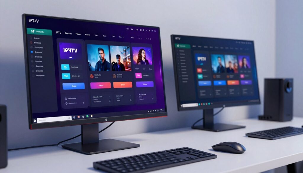 A detailed view of an IPTV Smarters Pro configuration screen displayed on a sleek Linux desktop, showcasing various settings and options in an organized layout. The foreground features a high-resolution monitor with a vibrant graphical interface, displaying user-friendly buttons and navigation menus. In the middle ground, a keyboard and mouse are neatly placed on a modern desk, hinting at an active user configuration process. The background consists of a clean and minimalistic workspace, with soft ambient lighting accentuating the tech-savvy atmosphere. The scene is captured at a slight angle, enhancing the depth of the setup. Aim for a professional and focused mood, emphasizing the usability and accessibility of the IPTV Smarters Pro configuration on Linux.