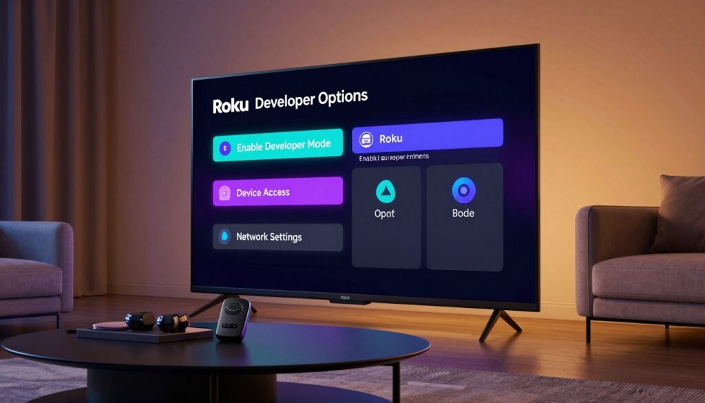 A detailed view of the Roku developer options interface displayed on a sleek television screen. The foreground features a modern living room setup, with a stylish coffee table and a comfortable sofa, creating a cozy atmosphere. In the middle, the television screen clearly shows the Roku developer options menu, with prominent text options such as "Enable Developer Mode," "Device Access," and "Network Settings," highlighted in an eye-catching design. The background consists of soft, ambient lighting casting a warm glow throughout the room, enhancing the technological look. The angle is slightly tilted for a dynamic perspective, evoking a sense of innovation. Overall, the scene conveys a modern and professional feel, inviting viewers to engage with the Roku platform.