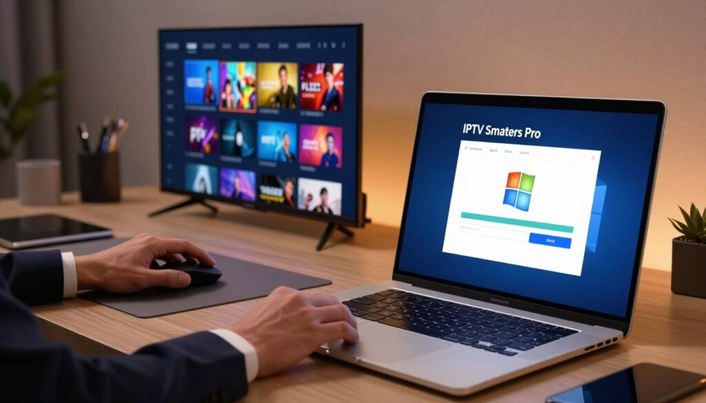 A detailed view of the Windows installation process for IPTV Smarters Pro on a smart TV, featuring a sleek, modern workspace. In the foreground, a laptop screen displays the installation interface of IPTV Smarters Pro, with large, clear icons and progress bars. To the left, a set of hands, clad in professional business attire, navigates the installation steps using a mouse. In the middle ground, a smart TV is visible, displaying vibrant channels from the IPTV interface. The background features a neatly arranged desk with tech accessories, ambient lighting providing a warm, inviting atmosphere. The overall composition should convey a sense of professionalism and efficiency in the installation process, captured from a slightly elevated angle to emphasize the tech-focused environment.