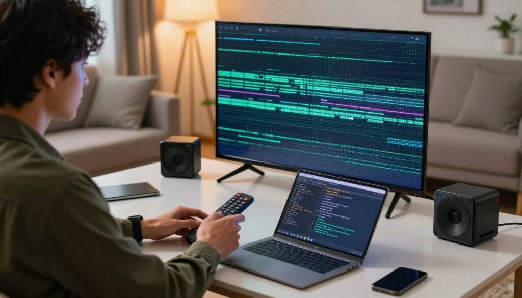 A detailed visual composition showcasing a tech-savvy individual troubleshooting Smart IPTV issues. In the foreground, a person in smart casual attire sits at a modern desk, focused on a large flat-screen smart TV displaying a pixelated error message. Their hands are poised on a remote control, with a laptop open nearby showing diagnostic settings. The middle ground features a cozy living room environment, with a comfortable sofa and neatly arranged tech gadgets. The background includes a warm, illuminated space with soft lighting that emphasizes a calm yet engaged atmosphere. The image captures a sense of problem-solving and determination, focusing on the intricacies of troubleshooting Smart IPTV under natural light, with a slightly angled perspective for depth.