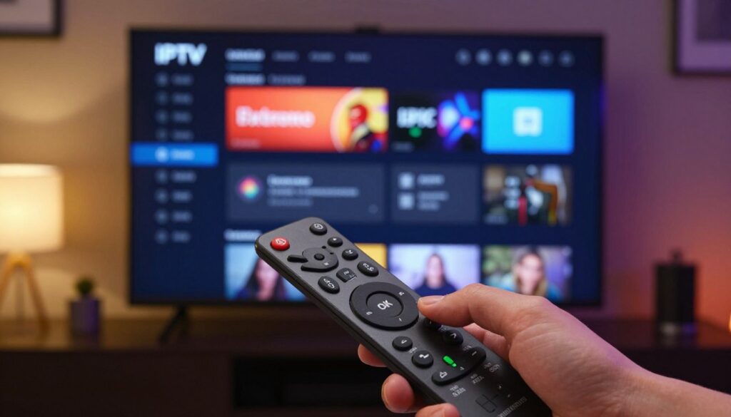 A detailed visual setup illustrating the configuration of the IPTV Extreme app on an Amazon Firestick. In the foreground, a close-up of an Amazon Firestick remote in a hand, displaying the user’s finger hovering over the "OK" button. In the middle, an illuminated television screen shows the IPTV Extreme interface, displaying options for entering playlists and settings. The background features a cozy living room scene with dim lighting, accentuated by soft, warm light from a lamp. The overall mood is focused and tech-savvy, emphasizing a smooth user experience. The scene should feel inviting and contemporary, highlighting the seamless integration of technology in everyday life, without any text or watermarks.
