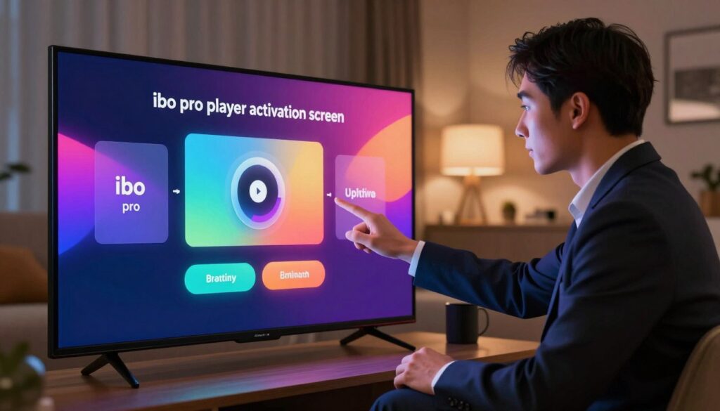 A digital illustration showcasing an "ibo pro player activation screen" for an installation guide. In the foreground, a sleek, modern television screen displays the vibrant activation interface of the ibo pro app, featuring vivid colors and interactive buttons. In the middle, a user in professional business attire is attentively interacting with the screen, demonstrating the installation process with focused expressions. The background features a stylish living room setup, subtly illuminated by soft ambient lighting, creating a warm and inviting atmosphere. The scene is captured from a slightly angled view, highlighting the high-definition clarity of the screen while ensuring the overall composition conveys a sense of professionalism and modern technology.
