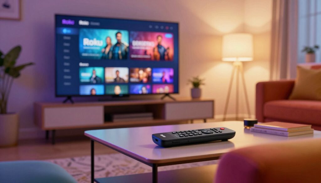 A dynamic living room scene featuring a Roku Media Player actively streaming content on a smart TV. In the foreground, a sleek, modern Roku remote is placed on a coffee table with a vibrant colored couch in view. The middle section shows a high-definition TV displaying the Roku interface with an engaging visual, perhaps showing a popular movie or show. The background features soft lighting creating a cozy atmosphere, with ambient lamps casting a warm glow. The room is decorated with minimalistic furniture and a few potted plants. The perspective is slightly angled from a viewer's standpoint, enhancing the immersive feel of the streaming experience. The overall mood is relaxed and inviting, perfect for home entertainment.
