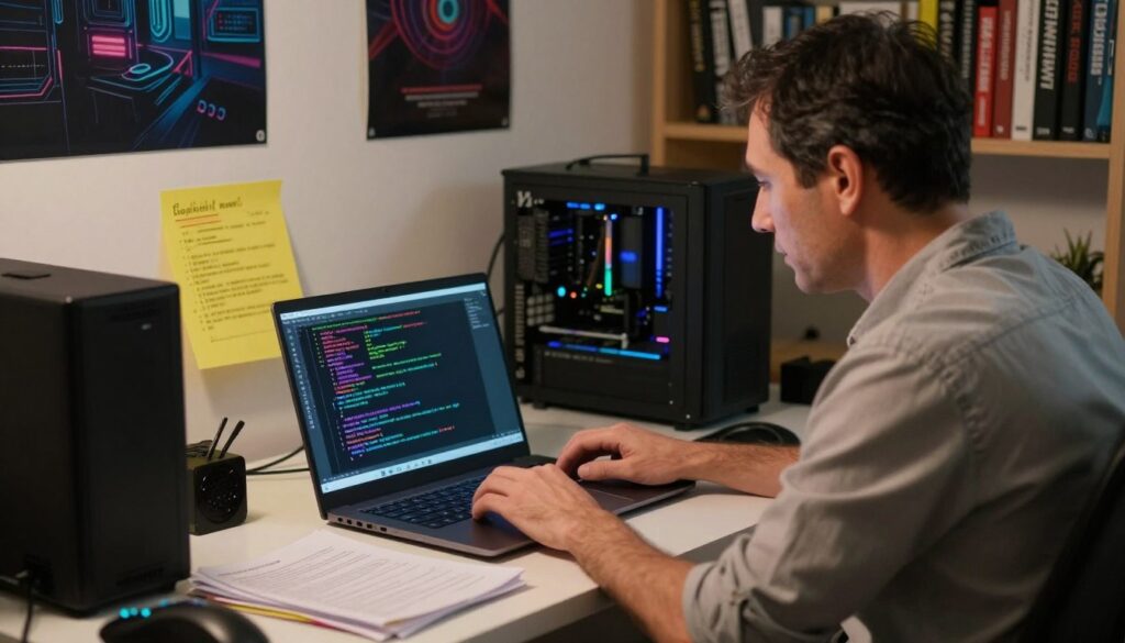A focused computer technician troubleshooting Linux, sitting at a modern desk cluttered with tech gadgets and a laptop displaying code. The foreground features the technician, a middle-aged man wearing a smart casual shirt, absorbed in problem-solving. In the middle, the laptop screen glows with terminal commands and error messages, surrounded by notes and Linux manual. The background is a softly lit room adorned with tech posters and a bookshelf filled with programming books. The overall atmosphere is one of concentration and technical expertise, with warm lighting emphasizing the workspace. The image captures the essence of troubleshooting and technical tips, inviting viewers into the world of Linux configuration.