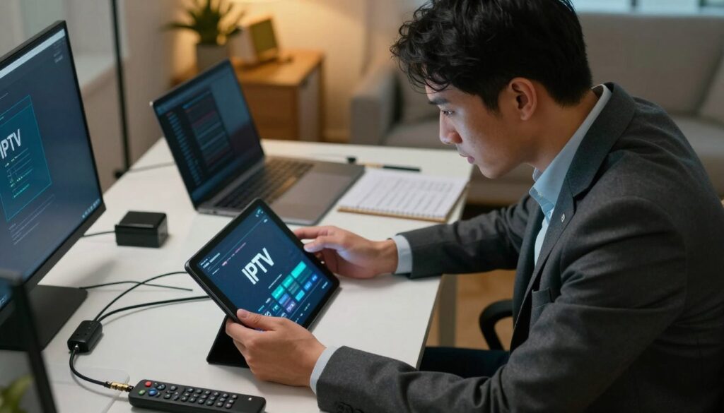 A focused scene depicting a home office environment where a professional figure in business attire is troubleshooting common installation errors. In the foreground, the figure sits at a desk, intently examining a tablet displaying an IPTV installation screen. Their expression shows concentration and determination. On the desk, scattered tools and devices related to the installation process, including cables and a remote control, add detail. In the middle ground, a laptop and a notepad with written notes can be seen, while the background features a cozy room with warm lighting, creating a problem-solving atmosphere. The image should be captured from a slightly elevated angle, emphasizing the figure's engagement with the task at hand, all presented in a clear, well-lit composition.
