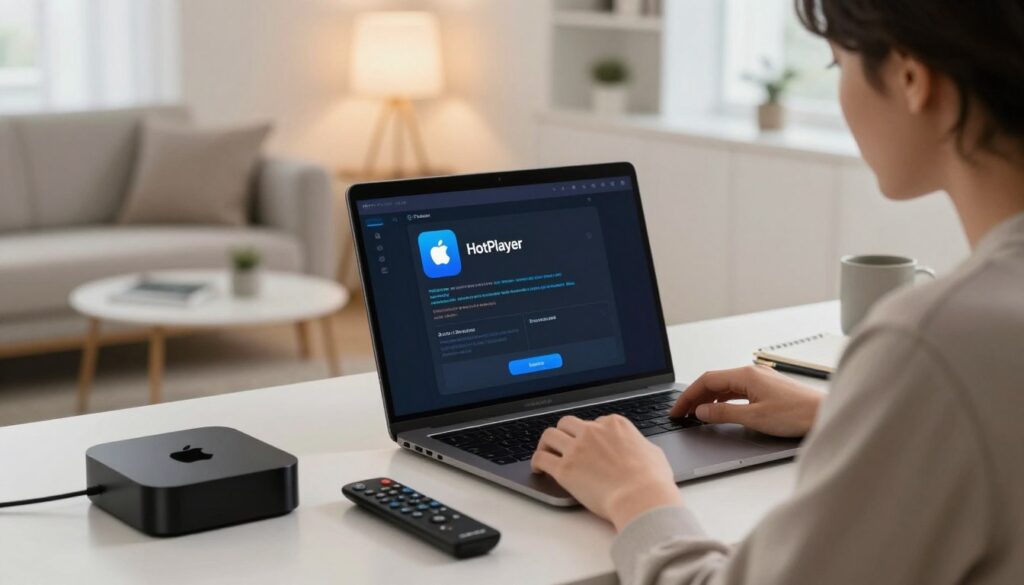 A focused workspace depicting a person troubleshooting installation issues with the HotPlayer app on an Apple TV. The individual, a young professional wearing smart casual attire, is seated at a clean desk with a laptop open, displaying the HotPlayer interface. In the foreground, there's an Apple TV device and a remote control, along with a notepad and pen for taking notes. The middle ground features a close-up of the laptop screen with error messages and troubleshooting steps. The background is softly blurred, showing a bright, modern living room with subtle lighting that enhances a calm and efficient atmosphere. A warm glow from a nearby lamp creates an inviting scene, ideal for problem-solving.