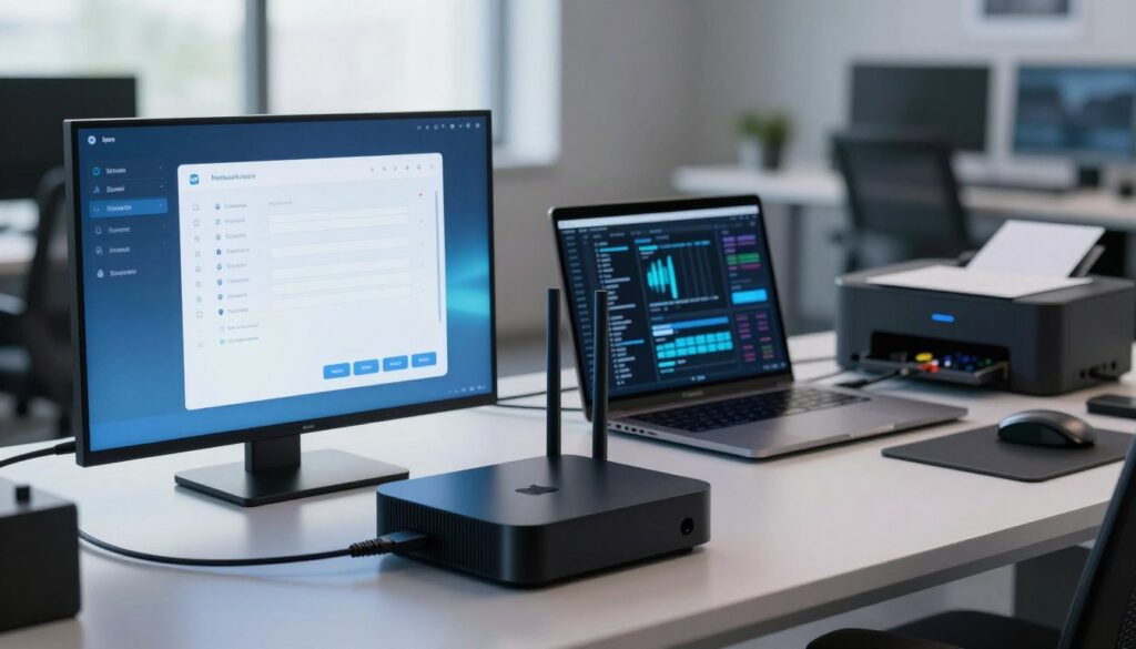 A high-tech workspace featuring an Apple TV prominently displayed in the foreground, connected to a sleek router, showcasing a detailed network configuration setup. The Apple TV's screen displays a network settings interface in soft blues and whites, illuminating the room. In the middle, a laptop with a digital configuration diagram is open, surrounded by essential accessories like network cables and a printer. The background features a modern office environment with soft, natural lighting coming through a window, creating a calm and focused atmosphere. The overall mood is professional and efficient, emphasizing clarity and organization, ideal for a tech-savvy audience. The lens perspective is slightly elevated, capturing the entire scene in sharp detail.