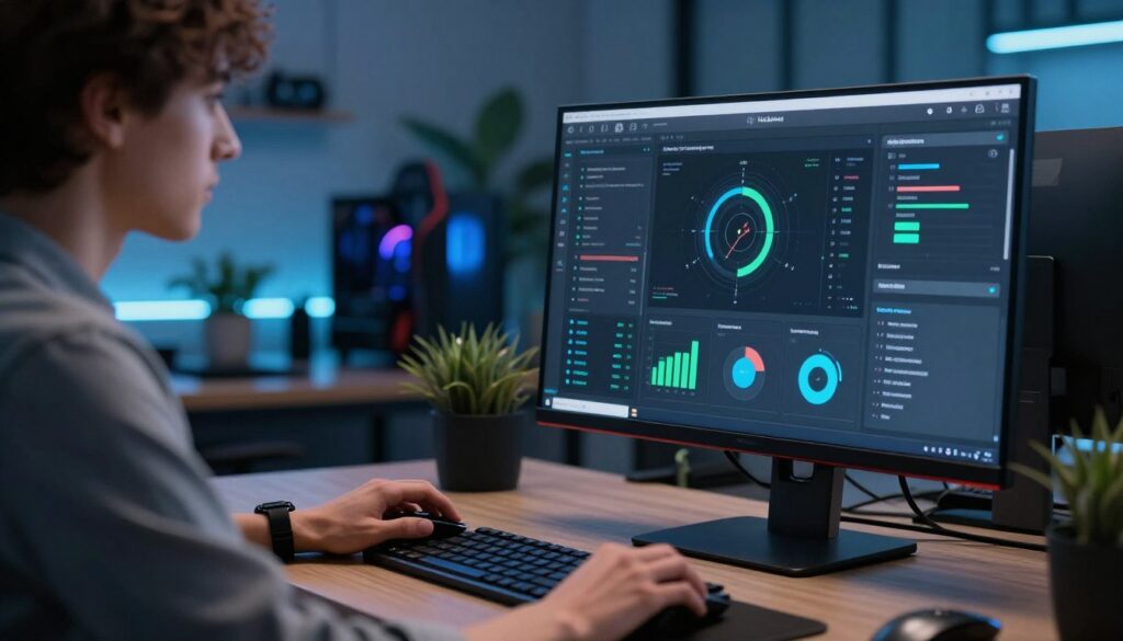 A high-tech workspace showcasing the Nvidia Shield optimization settings on a sleek computer monitor. The foreground features a close-up of the monitor displaying a user-friendly interface, with vivid charts and toggles for network and performance settings. In the middle, a professional individual in smart casual attire examines the settings with focused attention, using a high-end keyboard and mouse. The background is softly blurred, revealing a modern desk with gaming accessories, plants, and ambient lighting that emits a cool blue glow. The overall atmosphere is one of productivity and modern technology, with soft, diffused lighting creating a calm and inspiring environment.