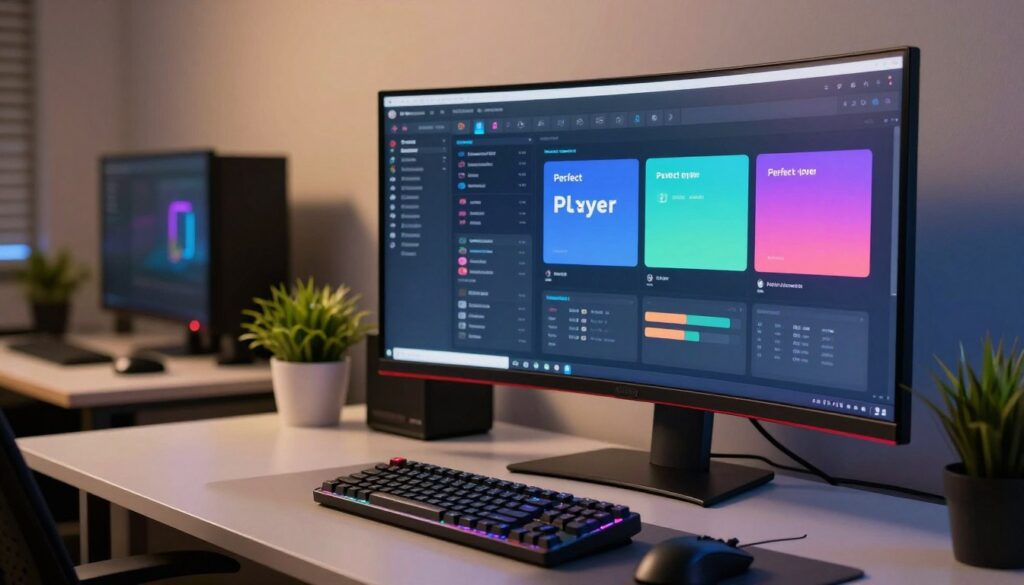 A highly detailed interior workspace showcasing a perfectly configured Linux setup for using Perfect Player. In the foreground, an ultra-wide curved monitor displays the Perfect Player interface, with vibrant colors and a user-friendly layout. A sleek mechanical keyboard and an ergonomic mouse rest beside the monitor. In the middle ground, there's a modern desk clutter-free, with a small potted plant adding a touch of greenery. In the background, soft ambient lighting illuminates the room, providing a calming atmosphere. The scene is captured with a shallow depth of field, emphasizing the monitor and keyboard while softly blurring the surrounding details. The overall mood is professional and inviting, creating an ideal ambiance for productivity and entertainment.