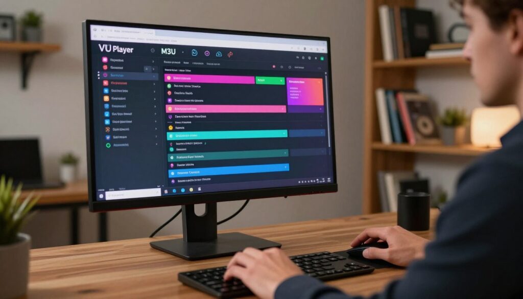 A highly detailed workspace setup showcasing a computer monitor displaying the VU Player M3U playlist configuration interface, with vibrant colors and an intuitive layout. The foreground includes a sleek keyboard and mouse, with hands of a professional user, dressed in smart casual attire, engaged in configuring the settings. In the middle, the monitor's screen exhibits a detailed playlist, with icons for channels and options for editing. The background features a cozy home office environment with soft lighting, wooden shelves filled with tech books, and a subtle plant for a touch of nature. The scene conveys a focused and informative atmosphere, perfect for illustrating the setup process for IPTV service users. The image is well-lit, with a slight depth of field to emphasize the monitor and the user's interaction.