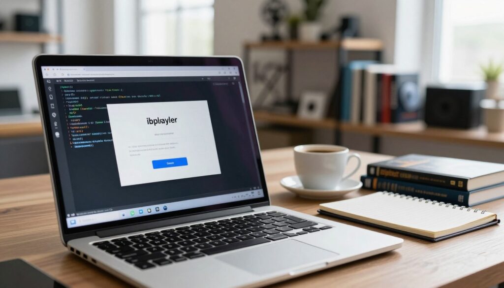 A laptop with a clear display showing a step-by-step installation guide for iboplayer on a Linux operating system. In the foreground, the laptop is open with detailed screenshots of terminal commands and graphical user interfaces visible. Slightly blurred in the middle ground, an organized workspace includes a notepad, a cup of coffee, and a few technical books. The background has soft-focused shelves filled with technology-related literature and tools, suggesting a tech-savvy atmosphere. The lighting is bright and natural, coming from a window, illuminating the workspace. The overall mood conveys a sense of clarity and order, inviting the viewer to engage with the installation process.