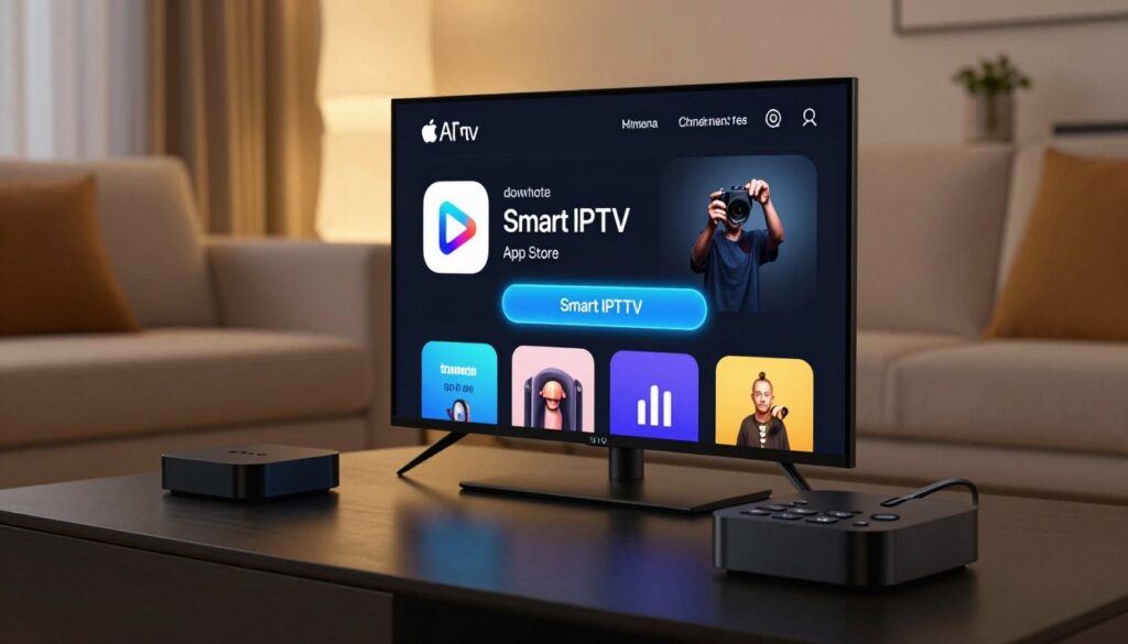 A modern Apple TV interface displayed prominently on a sleek living room setup. In the foreground, focus on the Apple TV screen showcasing the App Store, with an emphasis on the Smart IPTV app's download button highlighted and glowing invitingly. In the middle ground, a stylish Apple TV remote is placed beside a comfortable couch, while the background features soft, warm lighting that creates a cozy atmosphere in the room. The scene should capture a sense of ease and familiarity, enticing users to explore the app. Use a wide-angle lens to enhance perspective, ensuring the entire setup feels inviting and contemporary, without any distractions or text.
