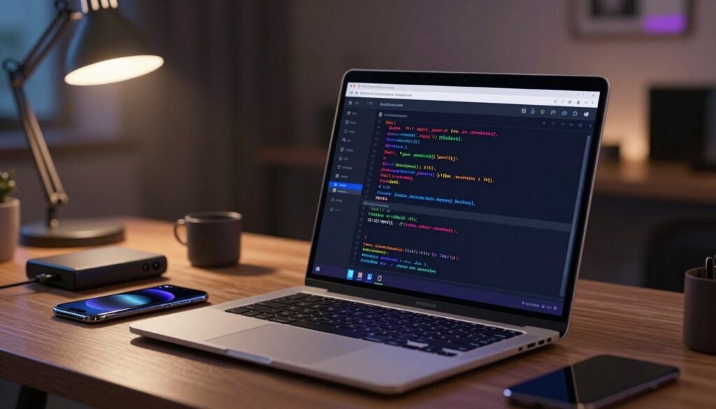 A modern Linux desktop environment displaying a DLNA service configuration interface is prominently featured in the foreground. The screen shows code snippets and configuration settings for DLNA with clear, vibrant colors. In the middle ground, a sleek laptop rests on a wooden desk, surrounded by tech gadgets like a smartphone and external hard drive. In the background, a dimly lit room creates a cozy, focused atmosphere with soft lighting emanating from a desk lamp, casting gentle shadows. The overall mood is professional and engaging, capturing the essence of technology and multimedia streaming. The image should have a slightly blurred bokeh effect in the background to emphasize the laptop and screen.