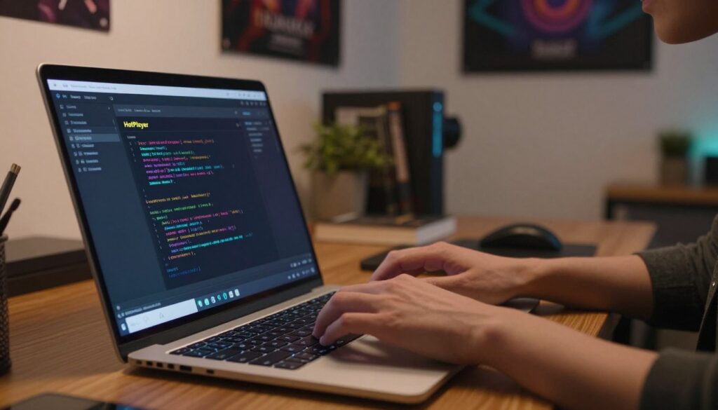 A modern Linux desktop environment showcasing the installation process of HotPlayer. In the foreground, a sleek laptop with an open terminal window displaying code commands specific to the HotPlayer installation. The keyboard is illuminated by soft lighting that highlights the tech-savvy atmosphere. In the middle ground, a blurred view of a user’s hands, dressed in smart casual attire, expertly typing on the laptop. The background features a cozy workspace with subtle tech decor, such as books on programming and Linux posters. The lighting is warm and inviting, creating a focused, productive mood. The angle captures the laptop screen prominently while still providing context of the workspace, emphasizing a seamless installation experience.