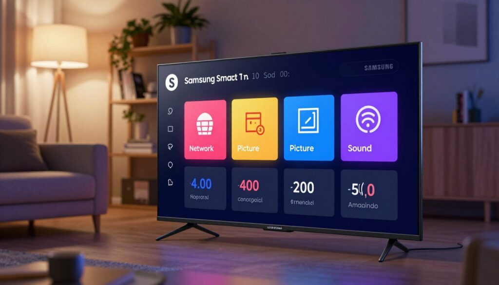 A modern Samsung Smart TV displaying an interactive menu screen for settings, showcasing a sleek and user-friendly interface. The foreground highlights the vivid display of the settings menu, emphasizing options like "Network", "Picture", and "Sound" with vibrant colors. In the middle ground, a stylish living room environment features a comfortable couch with soft lighting coming from a nearby floor lamp, creating a cozy atmosphere. The background includes a tastefully decorated shelf with plants and books, adding homey details. The scene is captured at a slightly elevated angle, focusing on the TV screen while soft bokeh effects blur the background a little more, ensuring the menu is the focal point of the image, evoking a sense of technology integrated into everyday life.