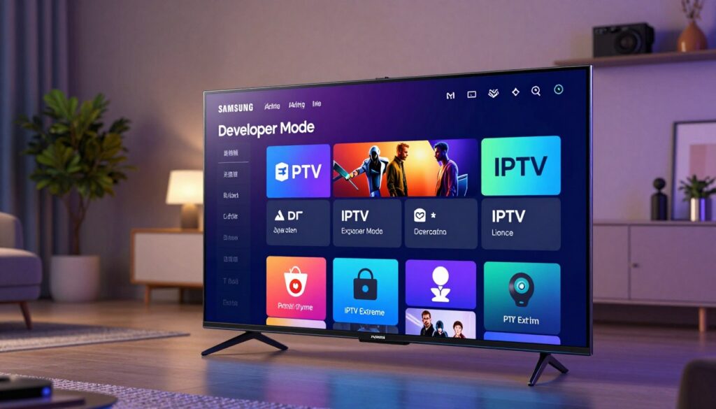 A modern Samsung Smart TV displaying the Developer Mode interface, showcasing the IPTV Extreme installation process. In the foreground, the sleek TV screen is filled with vibrant colors and a well-organized menu, clearly illustrated with various icons related to IPTV setup. The middle ground features a stylish living room setting with minimalistic furniture, soft ambient lighting accentuating the techy atmosphere. In the background, a cozy environment with neutral tones and a few decorative elements, such as a potted plant and a wall-mounted shelf with gadgets, enhances the scene. The lens captures the image from a slightly elevated angle, providing a comprehensive view of the TV and its surroundings, evoking a sense of innovation and excitement about smart technology in home entertainment.