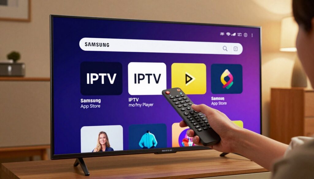 A modern Samsung Smart TV displaying the Samsung App Store interface, prominently featuring the IPTV Player app. In the foreground, the TV's sleek design is highlighted, with a colorful and user-friendly app store layout visible on the screen. In the middle, a person's hand is shown interacting with the TV remote, pointing towards the IPTV app icon, suggesting an installation process. The background showcases a cozy living room environment with warm lighting, soft textures, and modern furnishings to create an inviting atmosphere. The image should convey a sense of ease and accessibility while emphasizing the technology involved in using the Samsung App Store. The angle should capture both the TV and the user's interaction, focusing on the screen and remote.
