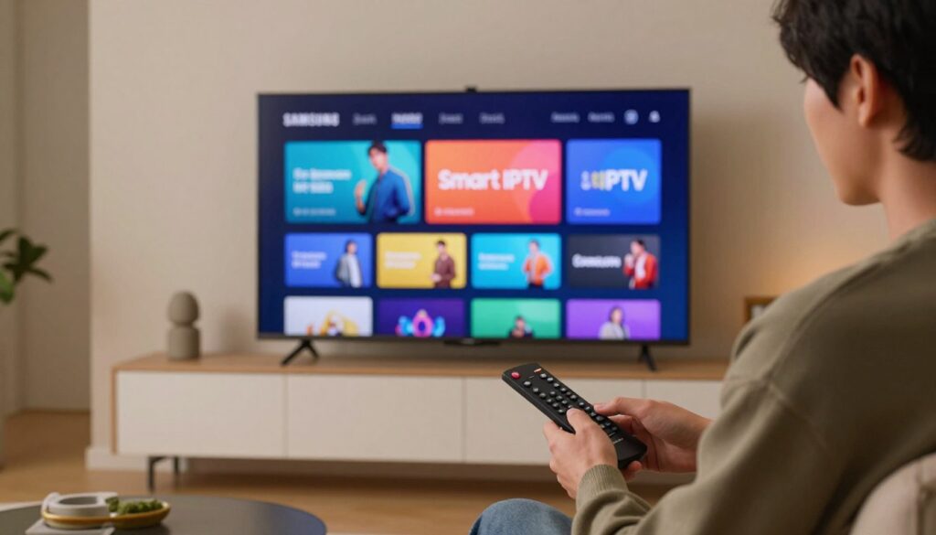 A modern Samsung Smart TV displaying the Smart IPTV interface in a contemporary living room setting. In the foreground, a person in smart casual attire is intently interacting with the remote control, appearing focused on setting up the application. The middle ground features the sleek Smart TV mounted on a stylish wall, showcasing a vibrant screen filled with streaming options, emphasizing the Smart IPTV app. The background includes soft, ambient lighting that creates a cozy atmosphere, with light-colored walls and tasteful home decor that conveys a sense of comfort and modernity. The image is captured at a slight angle to highlight both the television and the user's engaged expression, evoking a mood of technological confidence and ease.