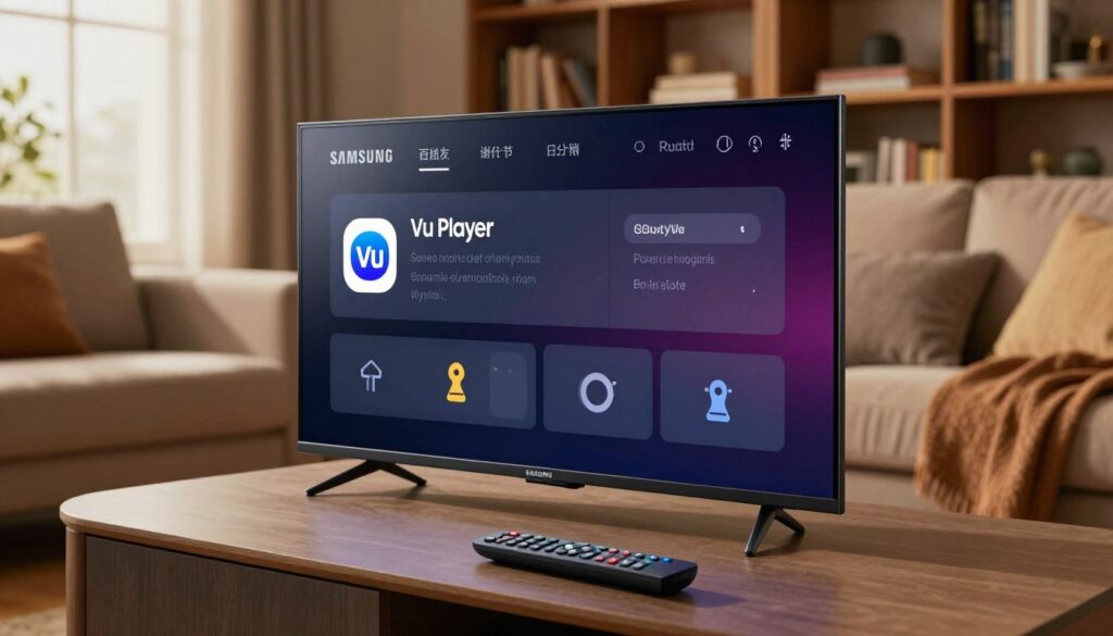 A modern Samsung Smart TV displaying the Vu Player configuration interface prominently on the screen. In the foreground, the TV remote is placed on a stylish coffee table, with vibrant buttons visible to suggest interaction. The middle ground features a cozy living room setting, with plush sofas and a warm wooden bookshelf in the background. Soft ambient lighting creates a welcoming atmosphere, with diffused natural light coming from a nearby window. The image should be captured from a slightly elevated angle to emphasize the technology-focused family environment. The mood is casual yet informative, highlighting the ease of configuring Vu Player on a Samsung Smart TV. The overall composition is clear and uncluttered, ensuring a focus on the TV screen and its user-friendly interface.