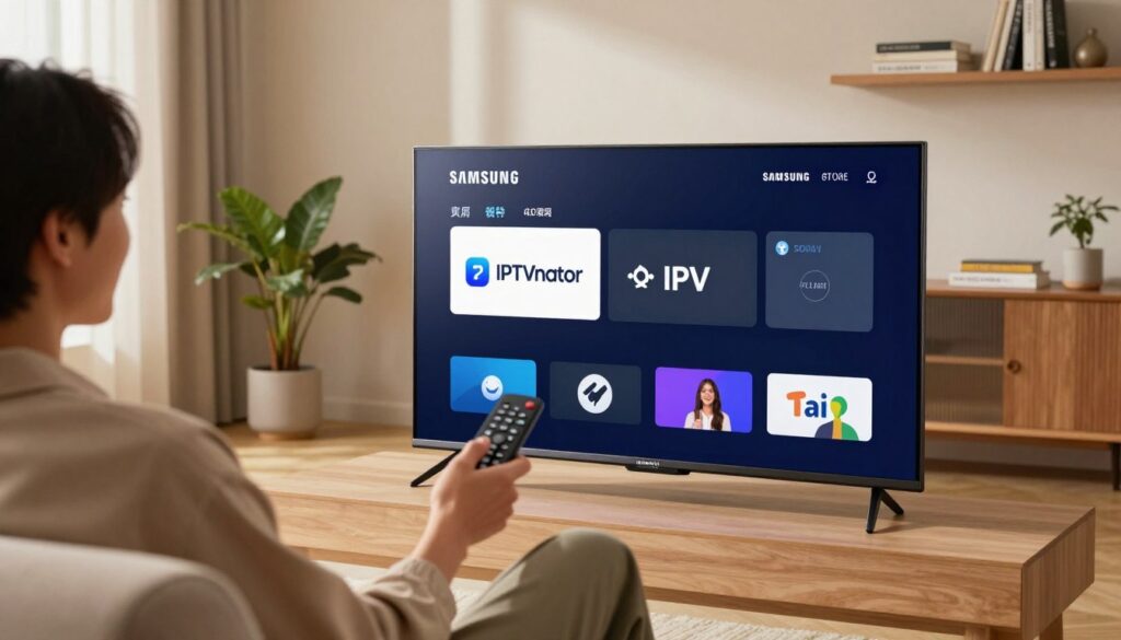 A modern Samsung Smart TV prominently displayed in a cozy living room setting. The TV screen shows the Samsung App Store interface with the IPTVnator app highlighted and ready for installation. In the foreground, a person, dressed in casual but neat clothing, is seated on a comfortable couch, joyfully interacting with the remote control. Soft, natural lighting filters in through a nearby window, creating a warm and inviting atmosphere. The background features minimalistic decor, with a plant and a shelf of neatly arranged books, adding to the tranquil home environment. The perspective is slightly angled to emphasize both the TV screen and the person, focusing on the act of installing an app within a peaceful living space.