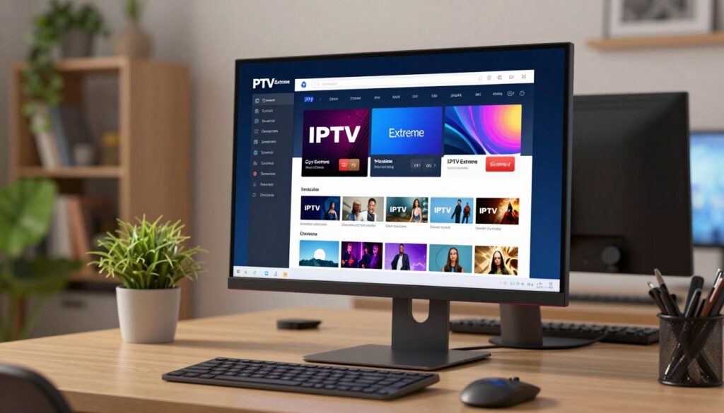 A modern and sleek Android emulator interface displayed on a Windows PC with a focus on the IPTV Extreme application. In the foreground, a desktop monitor shows the emulator window with vibrant IPTV channels visible, emphasizing smooth playback. The middle layer includes a stylish, minimalistic desk setup, featuring a keyboard and a mouse, illuminated by soft, warm lighting. In the background, a tidy home office environment with bookshelves and green plants creates a professional atmosphere. The image should have a slight depth of field effect to draw attention to the emulator window while maintaining an overall clean and organized look, conveying a sense of efficiency and innovation in technology. No text or branding should be present.
