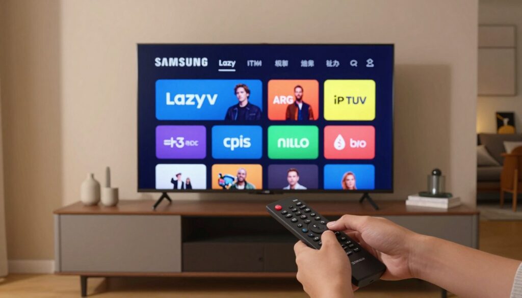 A modern and sleek Samsung Smart TV displaying the lazy IPTV app interface prominently on its screen. In the foreground, a pair of hands expertly navigating the remote control, positioned as if selecting options on the screen. The middle ground features the TV stand with minimalistic decor, complementing the contemporary aesthetic of the room. Soft, ambient lighting casts a warm glow throughout the space, enhancing the inviting atmosphere. A hint of a cozy living room setting can be seen in the background, with blurred outlines of furniture. Use a wide-angle lens effect to provide depth and clarity, creating a focus on the installation process while embodying a sense of ease and efficiency in setting up lazy IPTV.