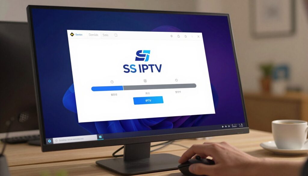 A modern and sleek Windows desktop displaying the SS IPTV installation process. The foreground features a close-up of a hand using a mouse to navigate through the installation wizard on the screen, with clear, vibrant graphics showing the SS IPTV logo. In the middle, the desktop background displays a visually appealing interface with icons for downloads, settings, and a clear progress bar illustrating the installation steps. The background is softly blurred to keep focus on the installation process, with a tidy workspace visible behind the monitor, including a notepad and a cup of coffee. Warm, ambient lighting creates an inviting atmosphere, while a slight depth-of-field effect emphasizes the action of the installation.
