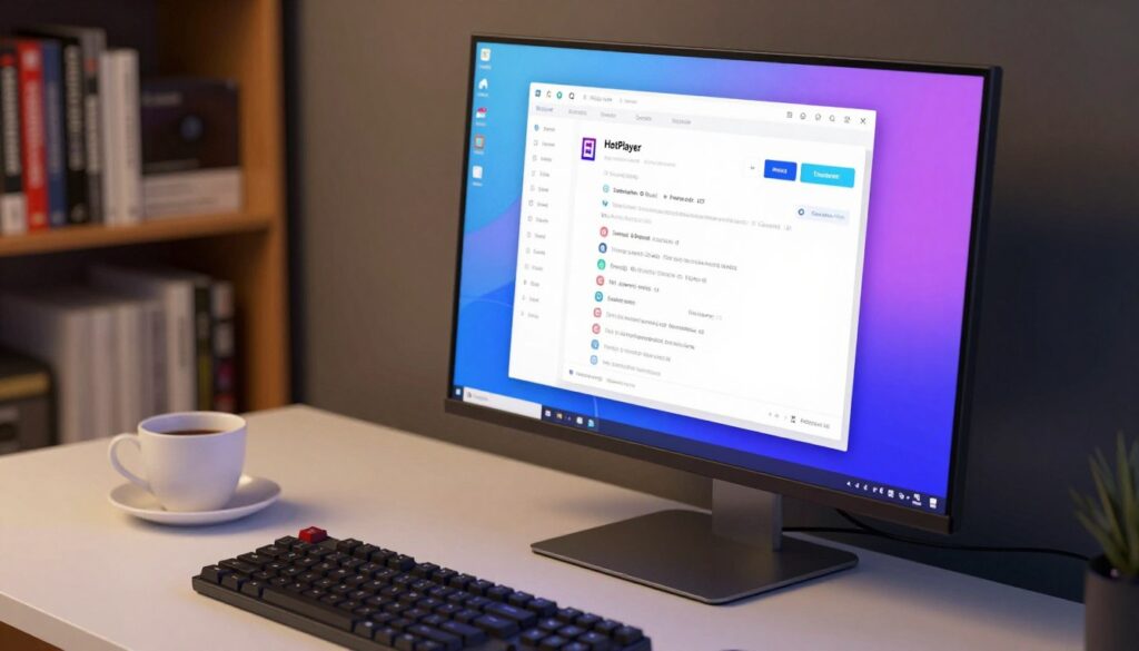 A modern and sleek digital workspace setup, focusing on optimizing the HotPlayer application for a Windows PC. In the foreground, a close-up view of a high-resolution computer screen displaying the HotPlayer settings interface, showcasing various optimization options designed for performance enhancement. The middle ground features a tidy desk with a mechanical keyboard, a mouse, and a cup of coffee. Soft, diffused lighting creates a warm atmosphere, emphasizing a calm and productive mood. The background includes a blurred view of bookshelves filled with technology and software manuals, hinting at a professional environment. The angle of the shot is slightly elevated, drawing the viewer's eye toward the screen's vibrant display without any text or logos.