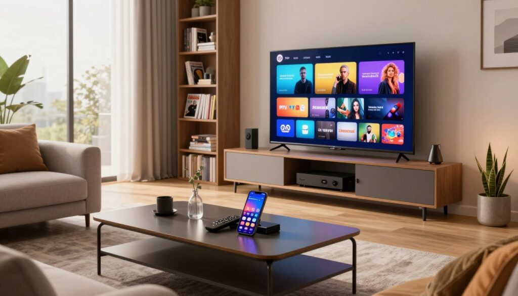 A modern and sleek living room setting featuring a large flat-screen TV displaying various IPTV channels on its screen. In the foreground, a stylish coffee table with a remote control and a smartphone showcasing a user interface for integrating IPTV services, surrounded by a cozy sofa and contemporary decor. The middle ground includes a wall-mounted media console with streaming devices and a neatly arranged bookshelf filled with tech magazines. The background features large windows allowing soft natural light to flood the room, creating a warm ambiance. The overall mood is inviting and tech-savvy, designed to reflect the integration of IPTV services in a vibrant home environment.