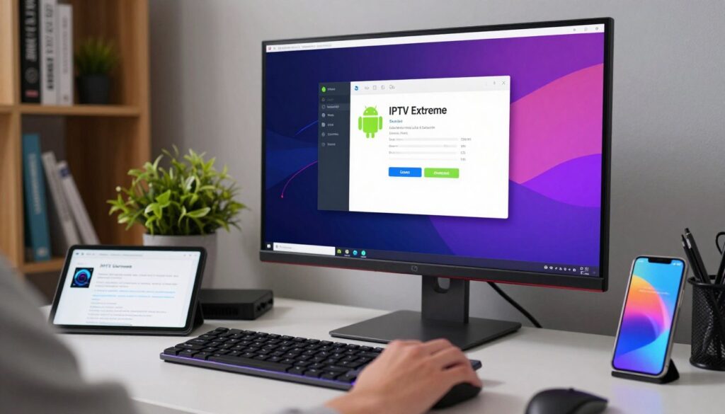 A modern and sleek workspace featuring a computer monitor displaying an Android emulator interface, showcasing the installation process of IPTV Extreme. In the foreground, there's a close-up of a hand using a mouse to navigate through the emulator. The middle ground features the computer setup with a backlit keyboard, a notebook with installation steps, and a smartphone for comparison. The background contains a softly blurred bookshelf with technology-related books and a potted plant to add a touch of warmth. The lighting is bright and professional, with a focus on the monitor’s vibrant colors, creating an engaged and productive atmosphere. Capture this scene with a wide-angle lens to emphasize depth and detail.