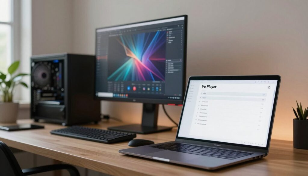 A modern computer desk setup showcasing the system requirements for Vu Player. In the foreground, a sleek, open laptop displaying a clean, minimalistic interface. Beside it, a checklist illustrating essential specifications such as RAM, processor speed, and storage. In the middle, a stylish desktop with a high-resolution monitor showing an abstract graphic representing video playback, with soft, ambient lighting illuminating the scene. The background features a blurred home office space with light-colored walls and a plant for a touch of warmth. The atmosphere is professional and inviting, with natural light filtering through a window to create a positive and productive mood.