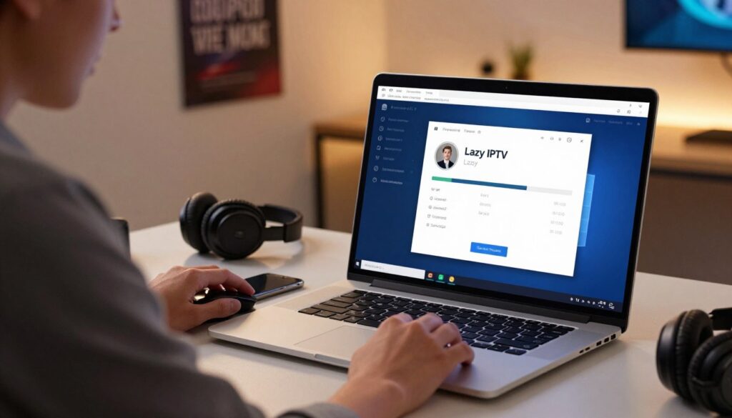 A modern computer workspace depicting the installation process of Lazy IPTV on a Windows PC. In the foreground, a sleek laptop screen displays the Lazy IPTV installation interface, showing a user-friendly setup process with progress bars and options. A person in professional business attire is focused on the screen, using a mouse to navigate through the installation steps. In the middle, a stylish desk with a few tech gadgets, like a smartphone and headset, adds to the tech-savvy atmosphere. The background features a softly lit room with warm colors, and a motivational poster about productivity on the wall. The lighting is bright, highlighting the laptop while creating a cozy feel in the setup. The mood conveys focus and efficiency, ideal for a tech installation guide.
