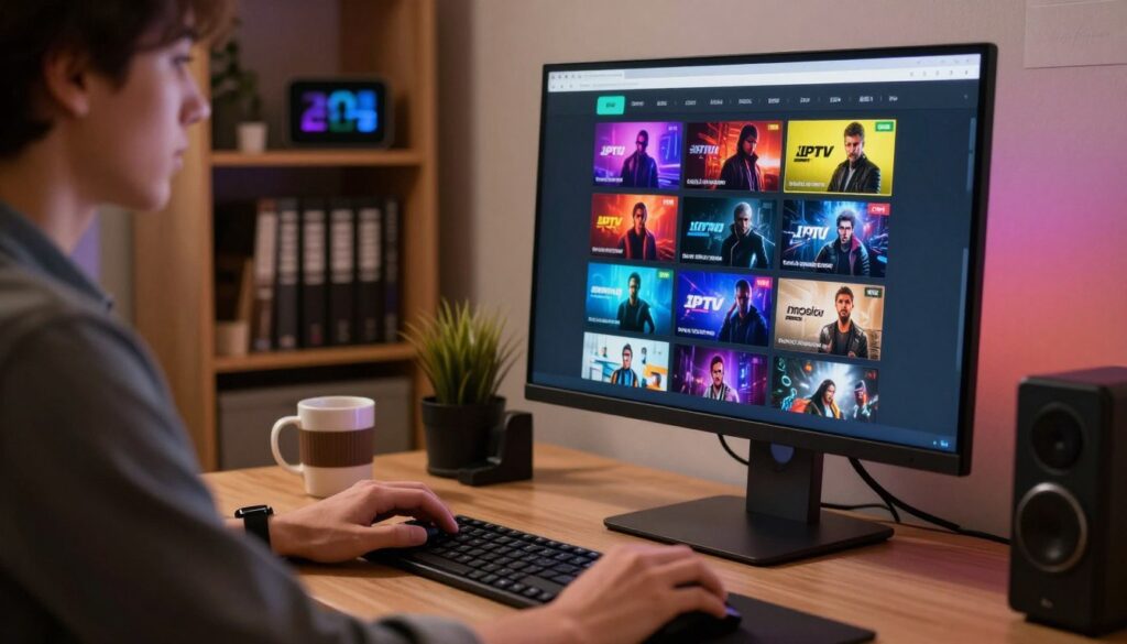A modern desktop computer displaying an IPTV player interface with vibrant, colorful thumbnails representing various channels. In the foreground, a person in smart casual attire interacts with the screen, showing a focused expression, with hands on the keyboard and mouse, as they navigate settings to troubleshoot streaming issues. The middle ground features a cozy room setting with soft ambient lighting, creating a warm atmosphere, and a coffee mug beside the computer. The background includes a bookshelf with tech manuals and a digital clock, giving a sense of a well-organized workspace. The overall mood is one of concentration and problem-solving amidst technology, captured from a slight angle to add depth.